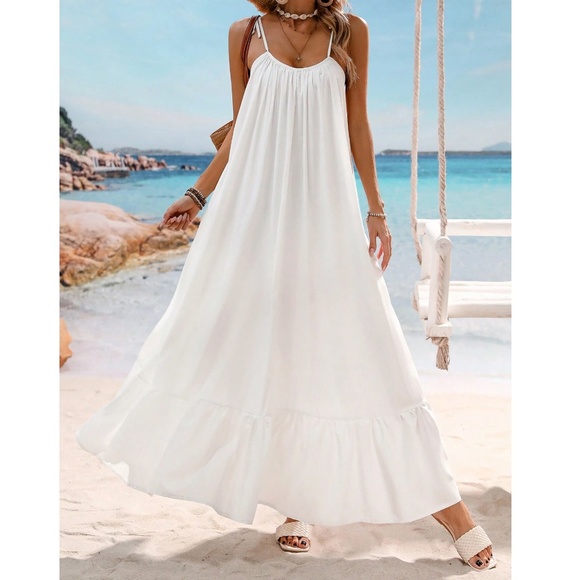 COPY - Boho White Shoulder Tie Ruffle Hem Flowy Maxi Dress - Picture 3 of 6